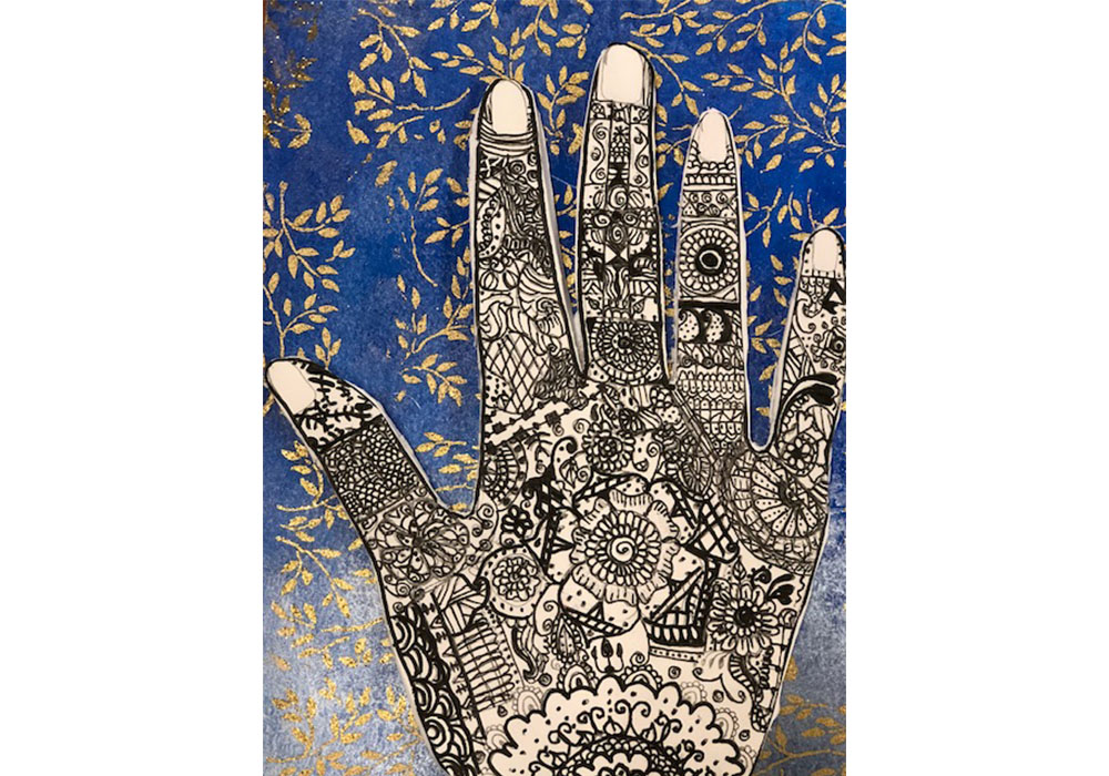 drawing of an intricately decorated hand