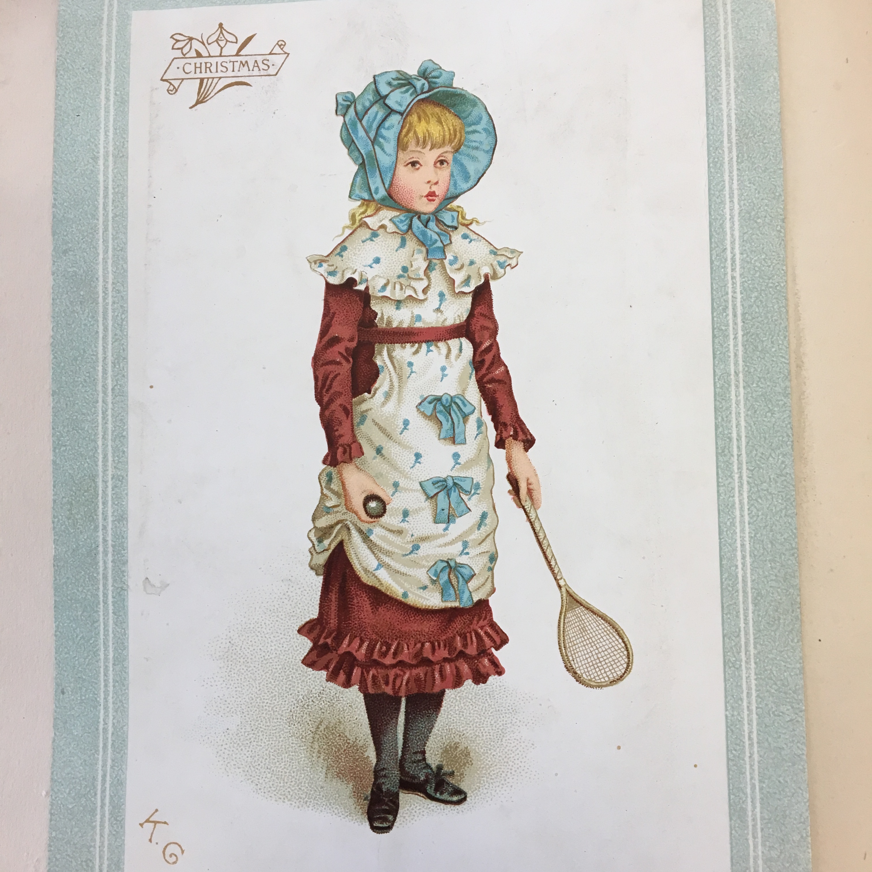 painting of a girl with a blue bonnet, dress, and tennis racket