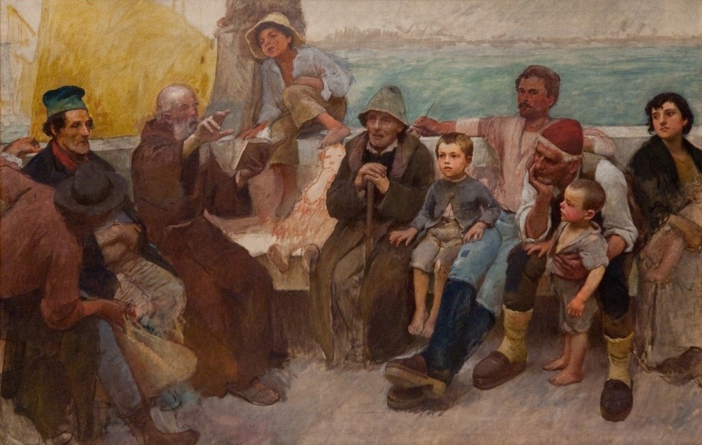 the completed painting of a group of people seated, listening to an old man read from a book