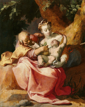 Abraham Bloemaert's  Rest on the Flight into Egypt, a painting of the Virgin Mary, Joseph, and Jesus resting beneath a tree