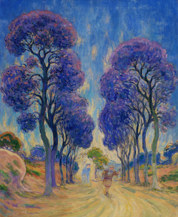 Claude Schuffenecker’s The Road Under Trees, an impressionistic painting of a dirt road lined with tall, violet trees