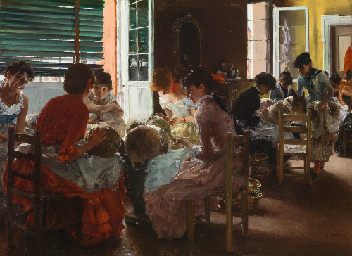 Painting of a group of women sitting in chairs and sewing together 