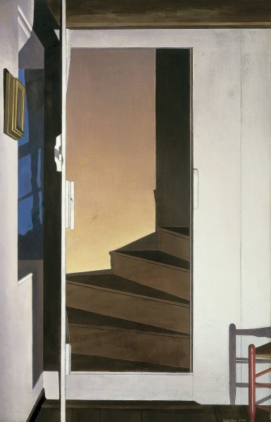 Open doorway reveals an interior staircase leading upstairs.