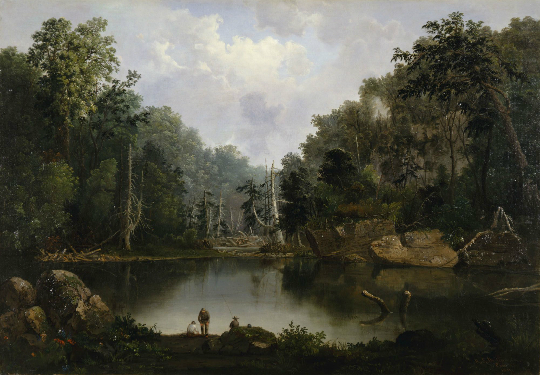 Robert S. Duncanson's Blue Hole, Little Miami River, a scenic painting of some fishermen on the shoreline of a river in a wooded area