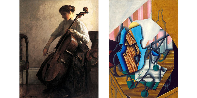 painting of a woman playing a cello and an abstract painting of a violin, sheet music and other objects blending together