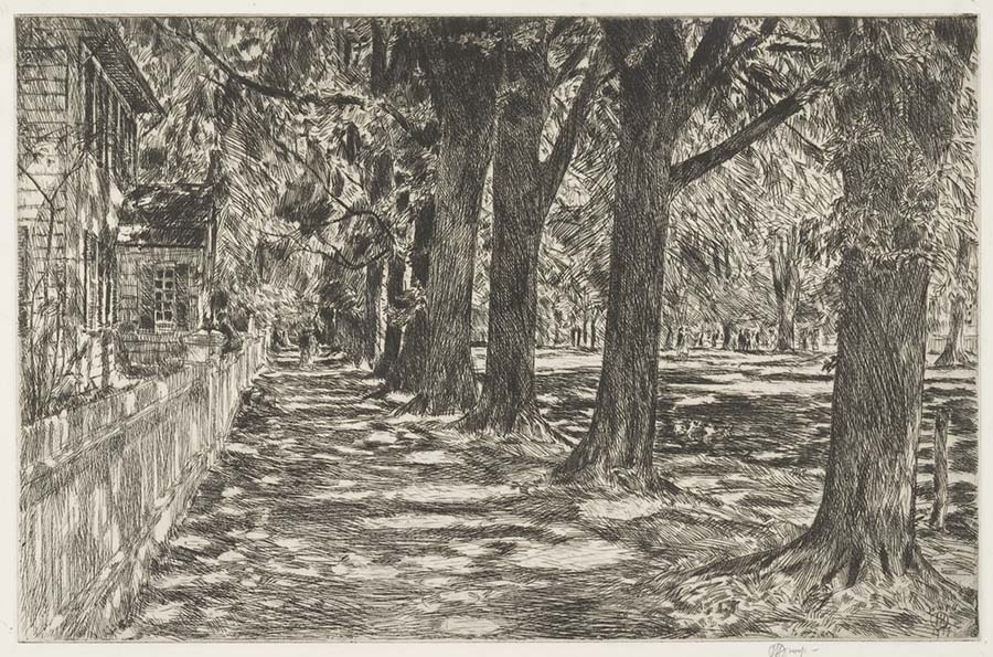 Childe Hassam's Easthampton, a black and white etching of a suburban sidewalk lined with tall, shady trees on the right and a row of houses with short white picket fences on the left