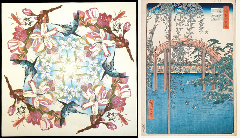 painting of a pattern made of blue humming birds and flowers and a Japanese painting of an arched bridge over a pond