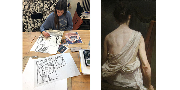student working on a charcoal drawing with inspiration from a painting of a woman wearing a white robe facing away from the viewer