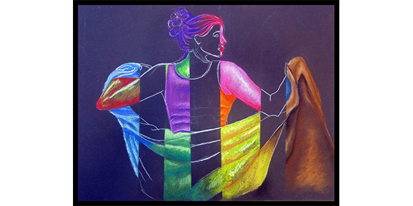 abstract painting from a student of the woman with the sheet with varying, horizontal columns of alternating color