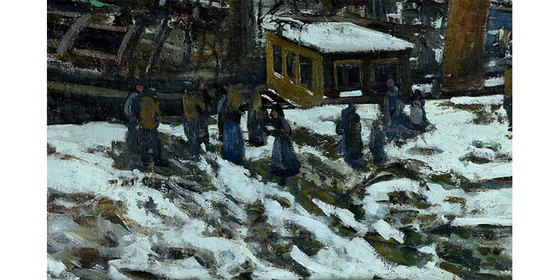 detail of sailors in a snowy field walking towards a sailboat 
