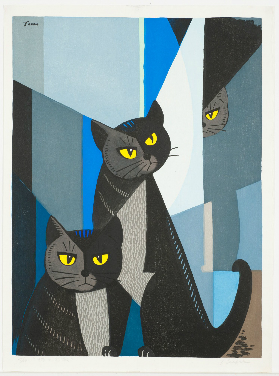 cubist painting of black cats with yellow eyes