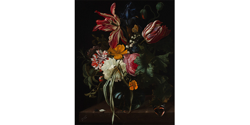 Maria van Oosterwijck's Flower Still Life, a dimly lit painting of various colorful flowers sitting on a table