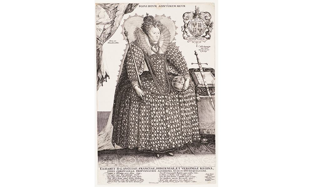Black and white engraving of Queen Elizabeth wearing a large, ornate dress holding a scepter on her right shoulder