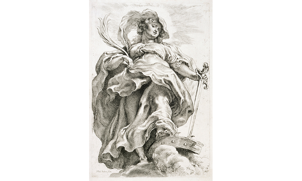 Peter Paul Rubens' Saint Catherine of Alexandria in the Clouds, a black and white etching of Saint Catherine staring down at the viewer, wearing a loose flowing gown, holding a sword downward in her left hand. Radiant beams of light emit from her head