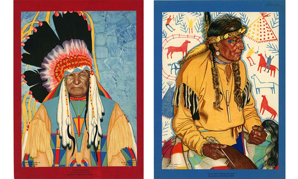 paintings of American Indians wearing traditional garb