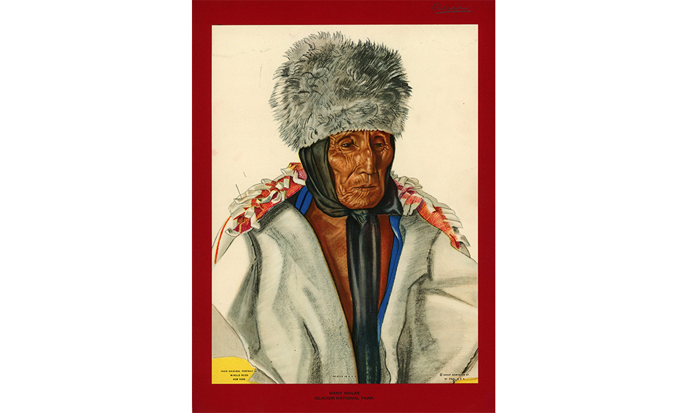 painting of an American Indian wearing a fur hat