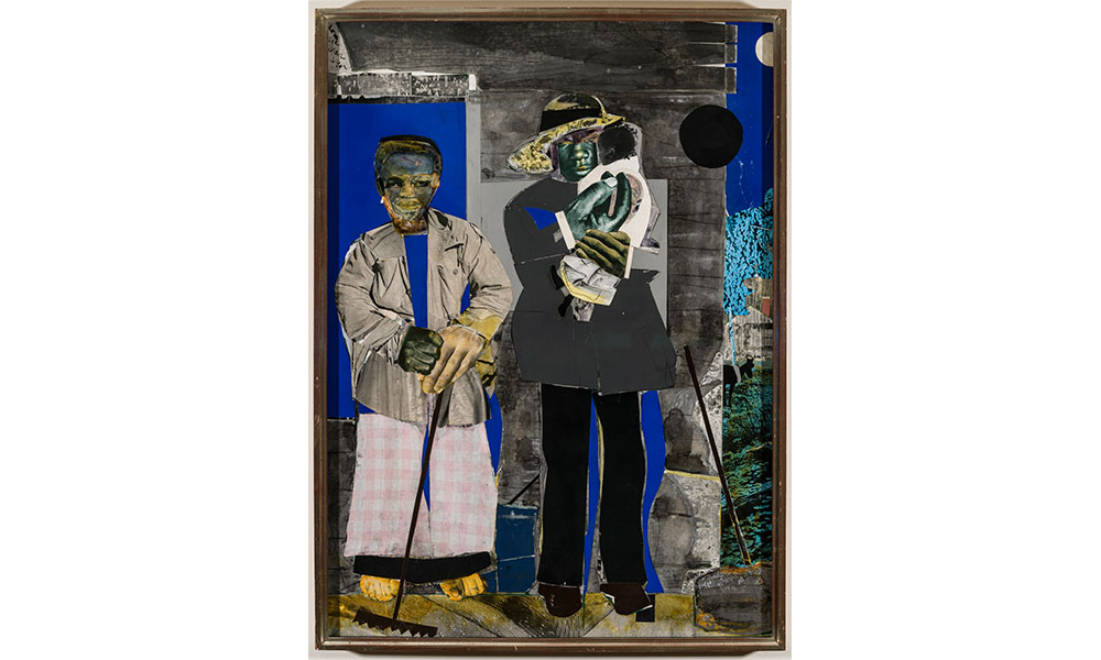 Romare Bearden's Profile/Part 1 The Twenties: Mecklenberg County, Miss Bertha and Mr. Seth, an abstract, mixed media painting of an African American family standing outside the doorway to their home. The father holds a child in his arms while the mother hold a boom.