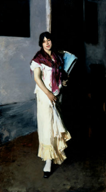 John Singer Sargent's A Venetian Woman, a painting of a woman in a white dress and red scarf standing in an alleyway