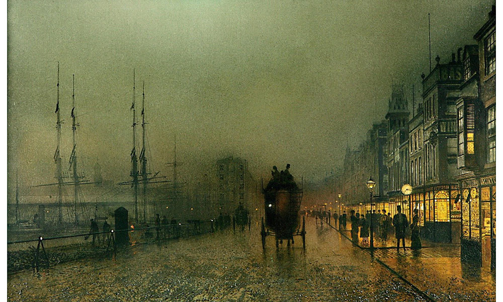 painting of a dim and cloudy city street by a harbor