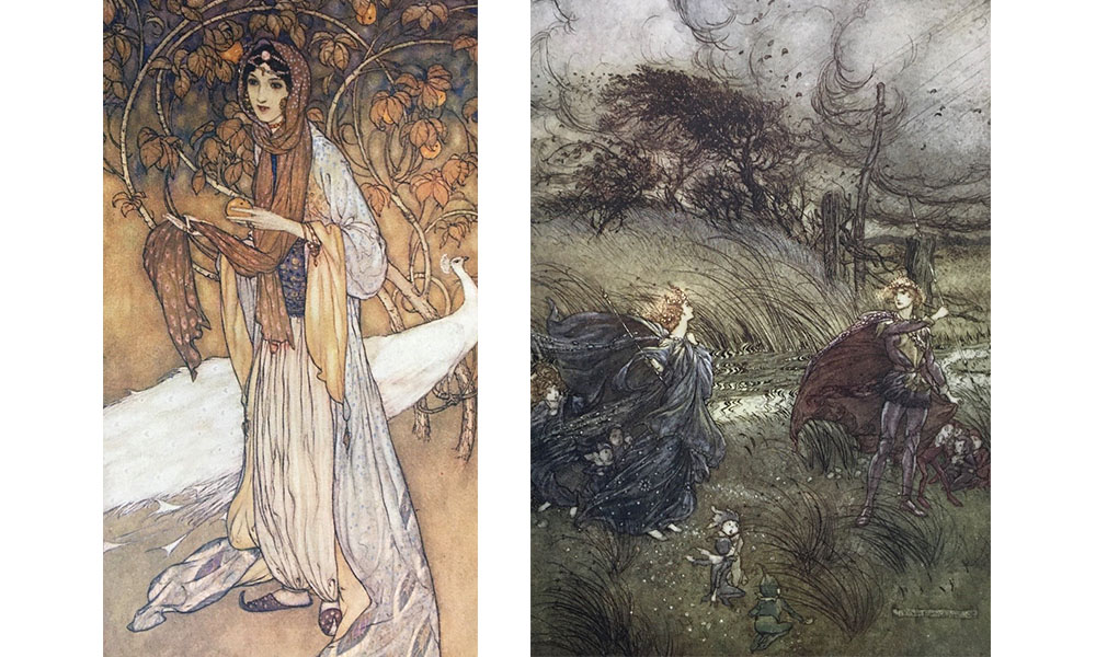 illustrations of a woman in front of an albino peacock and two characters from A Midsummer Night's Dream