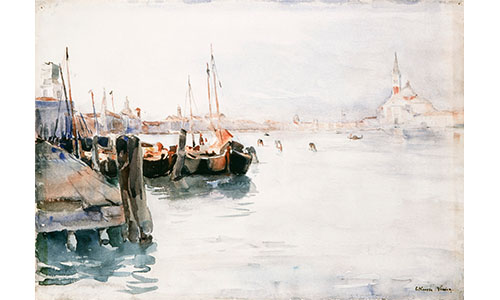 Elizabeth Nourse's Venice, a light, watercolor painting of a marina, a church can been seen in the distance across the water on the right side