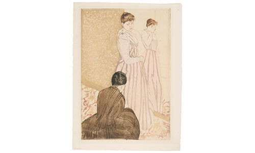 Mary Cassatt's The Dressmaker, a beige etching of a woman getting fitted for a dress in front of a mirror.