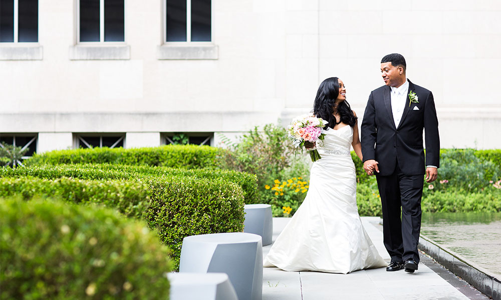 bride and groom in the Alice Bimel courtyard