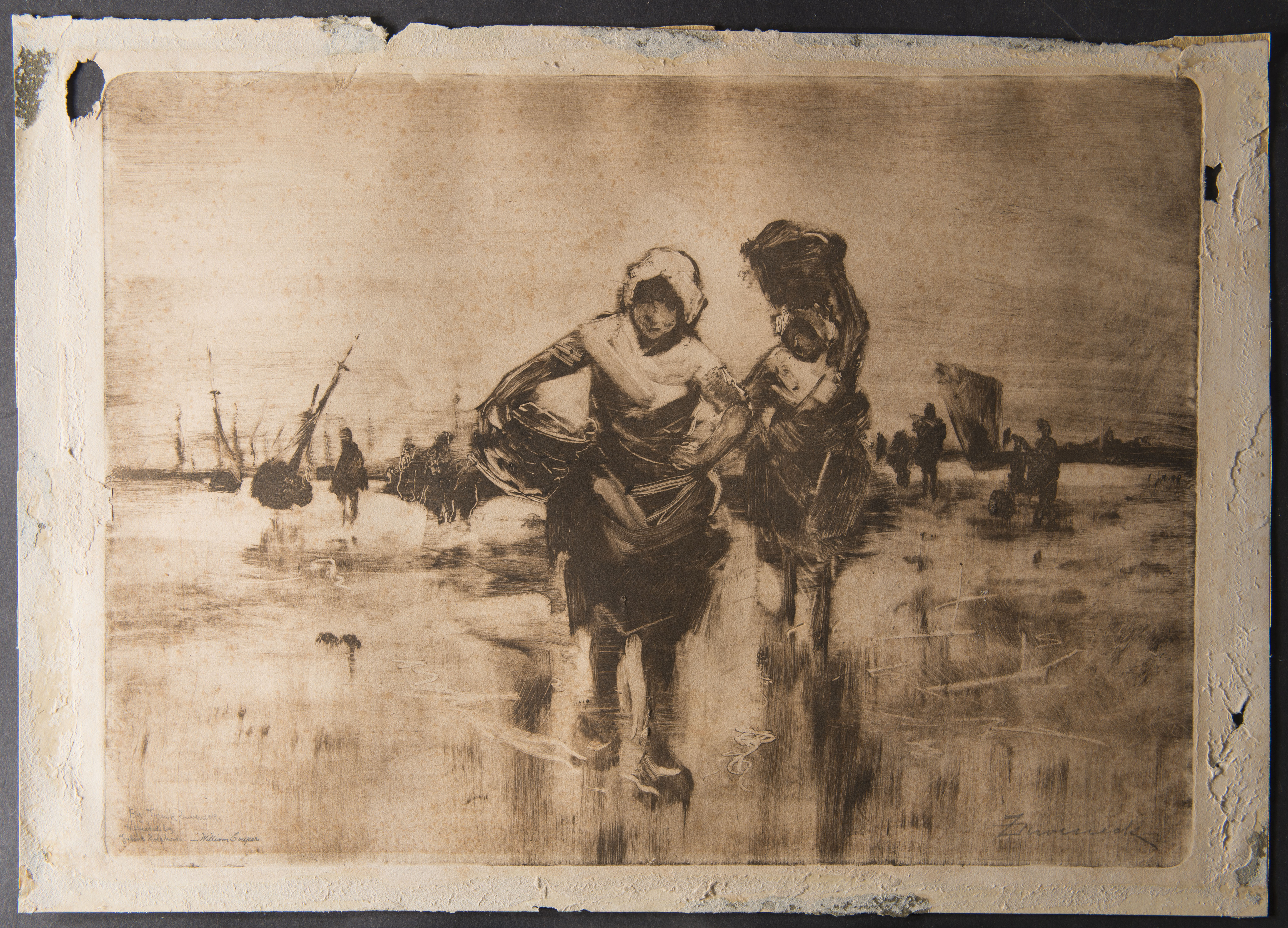 monochromatic illustration of women carrying baskets back to shore