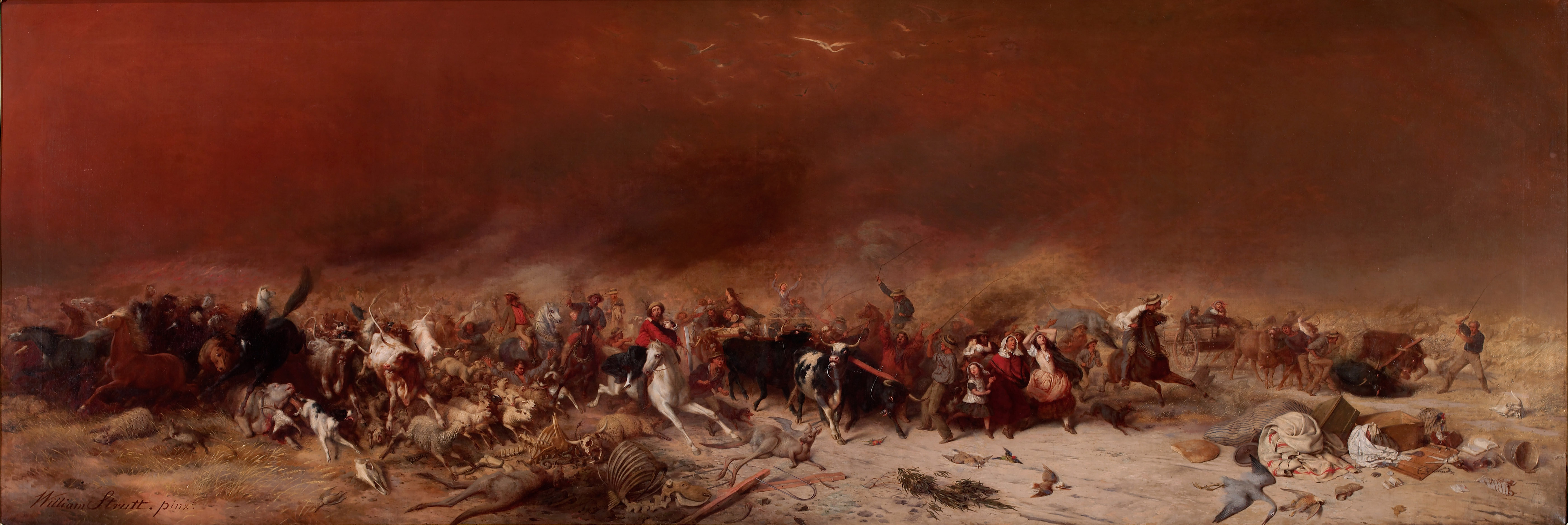 panoramic painting of people and livestock fleeing a catastrophic bush fire