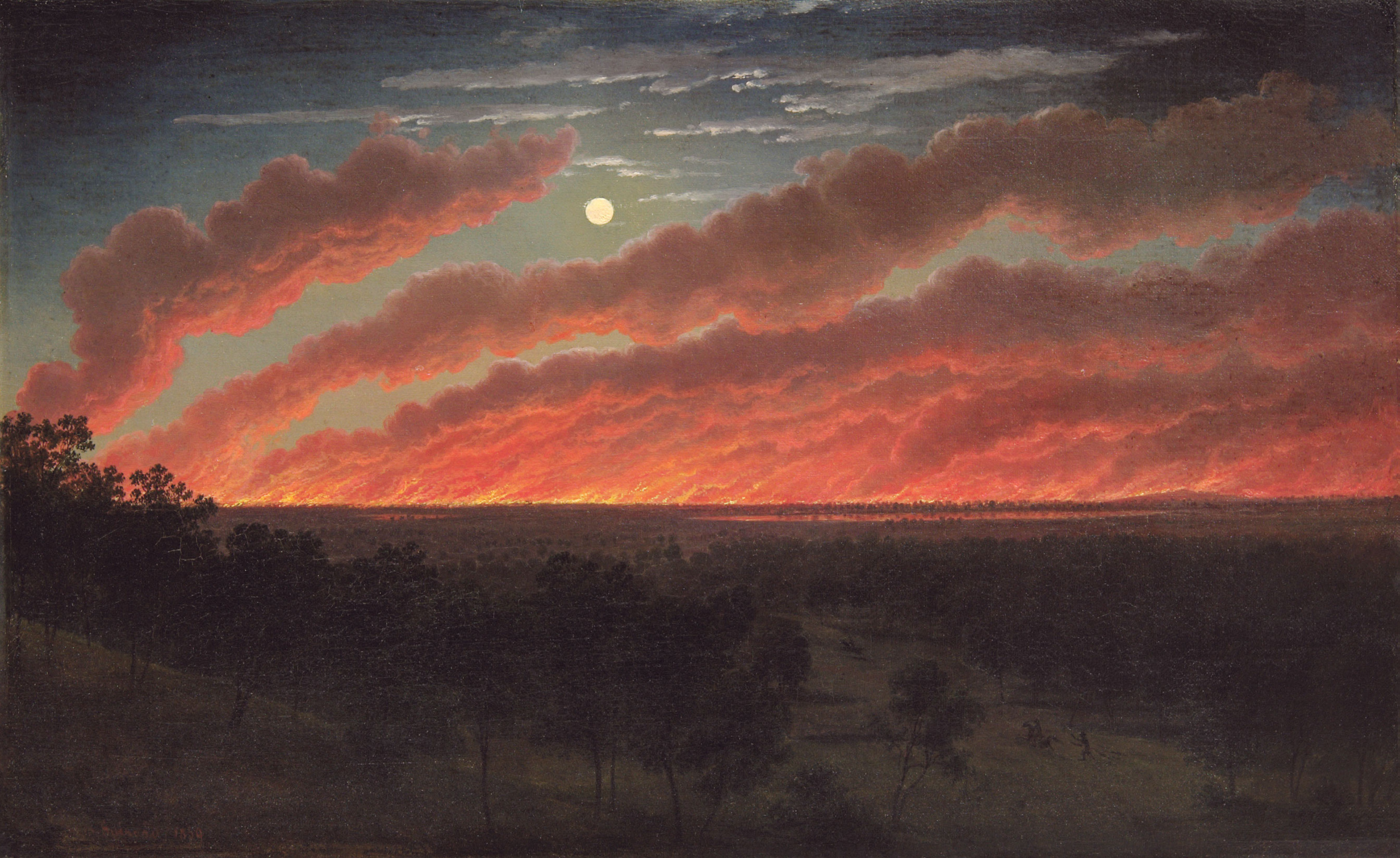 painting of a bush fire from afar, its light reflecting on a cloudy sky