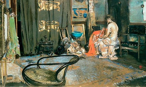  a rectangular painting of a nude woman with a sheet wrapped around her waist sitting in the corner of a large studio with an area rug in the middle. Various paintings and chairs line the wall. In the foreground is a chair and an ornate frame mounted on an easel