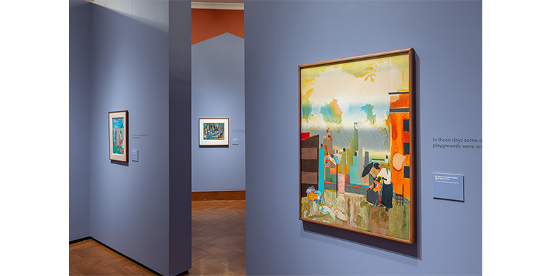 Various artworks within the Romare Bearden exhibition