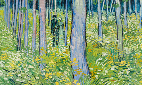 impressionistic painting of two figures walking through a forest covered in flowers