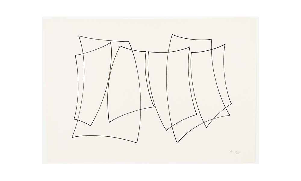Anne Rittershofer-Neumann's Line going for a Walk No. 2, outlines of crisscrossing rectangles with curved edges