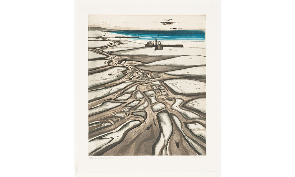 Otto Eglau's Beach Patterns, impressionistic painting of water channels flowing through dull, brown sand out towards the blue ocean