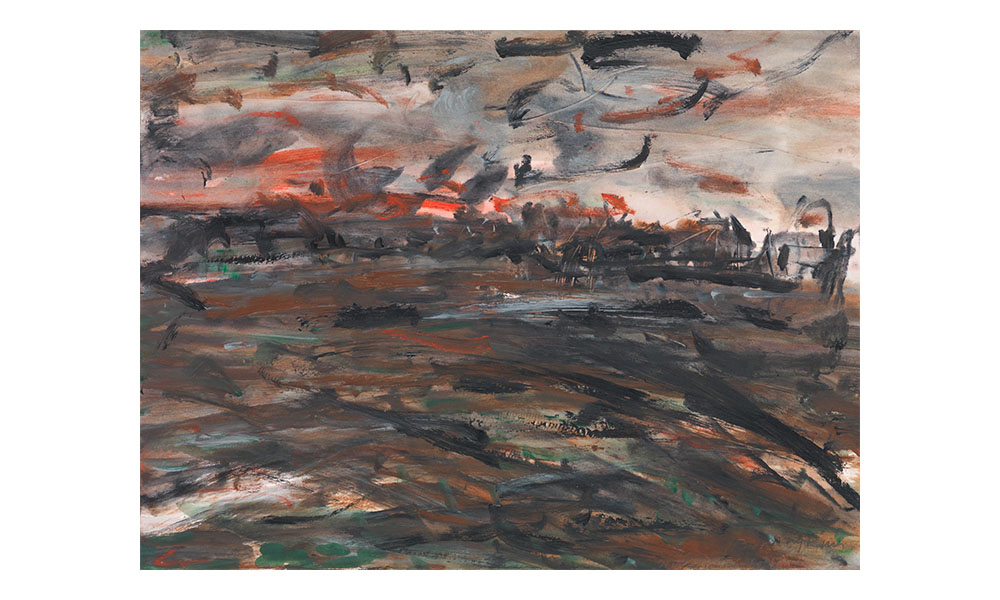 Bukang Kim's Brownfield 2, an abstract painting of dark drown, green, and black, brush strokes. The painting is lighter in the top half creating the feeling of a skyline