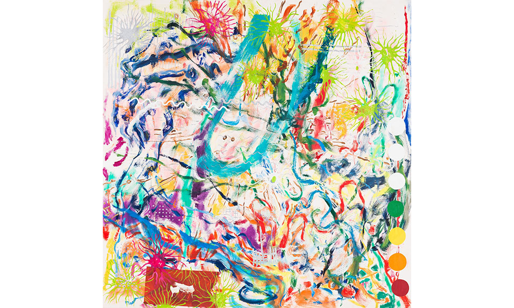Nancy Graves, Strobia, a large, square painting filled with swirling ribbons of various colors. Scattered throughout are coral shaped blots. On the right side are eight dots in a vertical line, three white on top then green, yellow, orange, and red