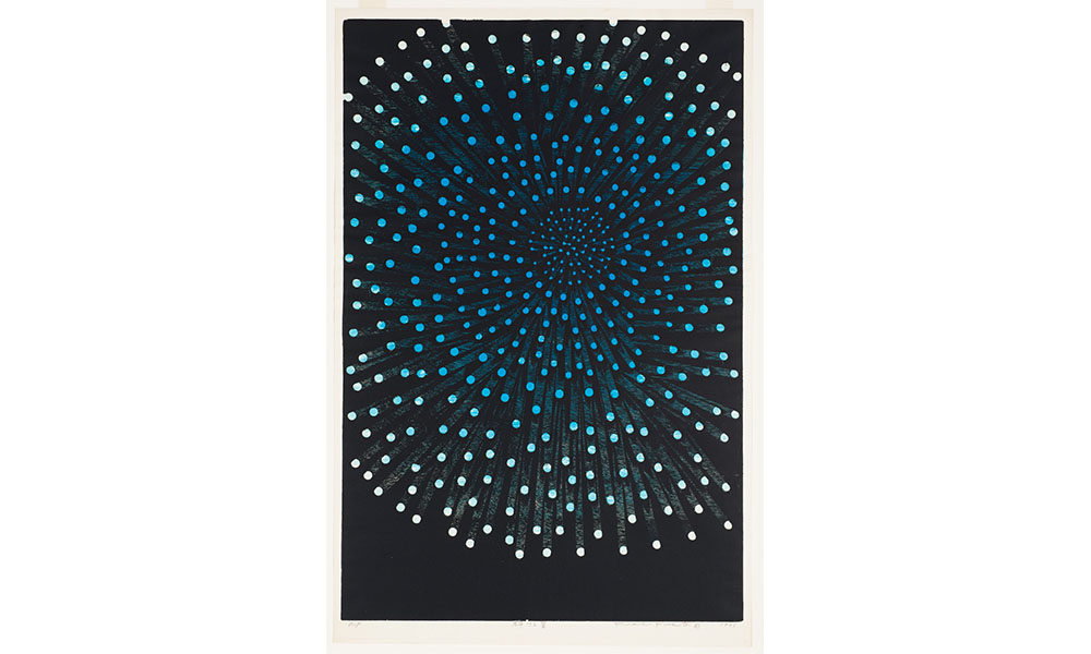 Fumiaki Fukita's Exploding Star, a painting of hundreds of dots exploding out from a central point resembling a firework on a night sky. In the center the dots are blue, and gradient out to white on the outer rim