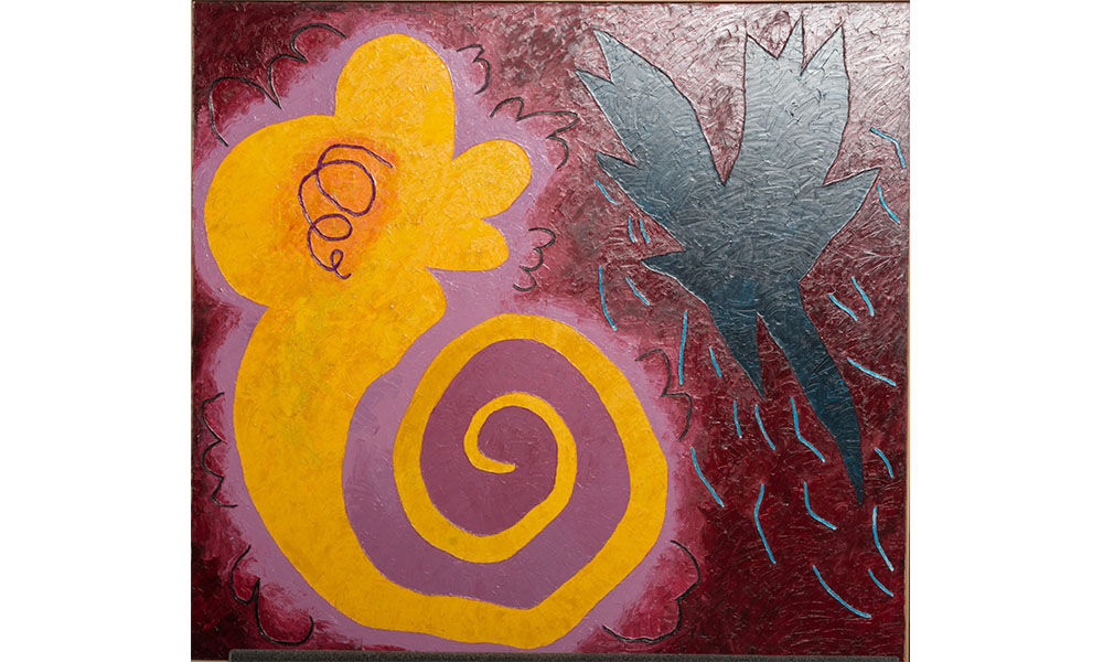 Louisa Chase's Seed, a rectangular painting of a yellow form with a spiraling tail next to a jagged black form on a dark crimson backdrop