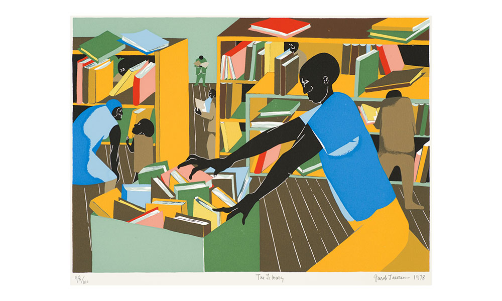 Jacob Lawrence's The Library, a cubist screen print of African Americans in a library. The foremost figure is collecting books on a cart, while other figures are seen perusing the shelves and reading books.