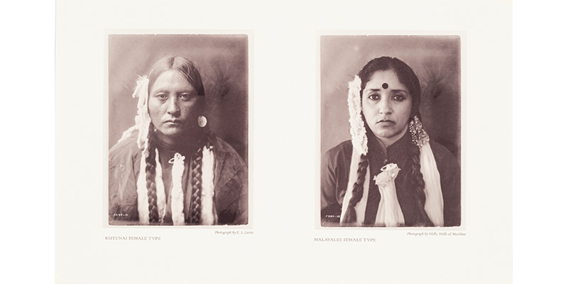 Annu Matthew's Types, Two rectangular, black and white portrait photographs. On the left is an old picture of a Native American woman. On the right, the artist recreates the photo as a self portrait.