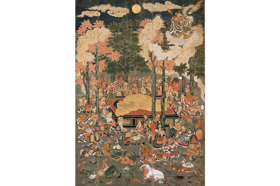 Kakemono: Paranirvana of Buddha, a large golden Buddha lays resting on a stone table, surrounded by a crowd of people in a forest