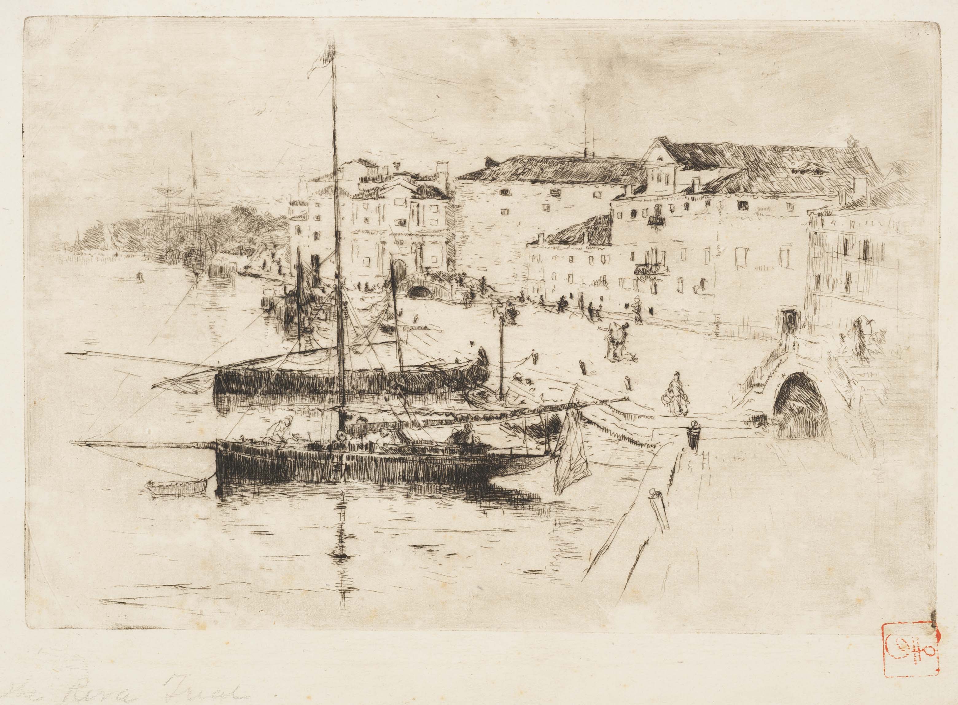 Frank Duveneck's The Riva, a faint etching of some sail boats docked in a marina, small foot bridges and several buildings fade off into the distance