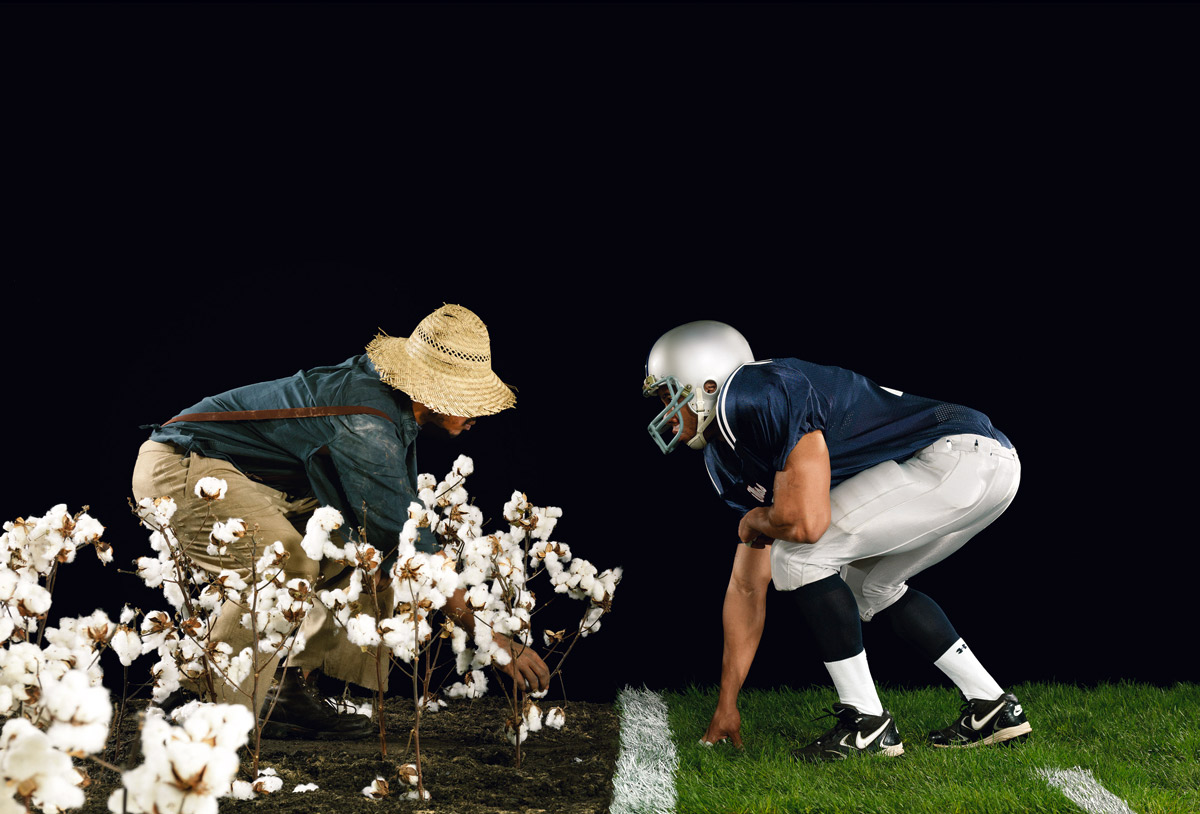 Hank Willis Thomas' The Cotton Bowl, a screen print of a football player on the right symmetrically lined up against an African American man picking cotton. The ground they stand on is evenly divided between a football field and cotton plants