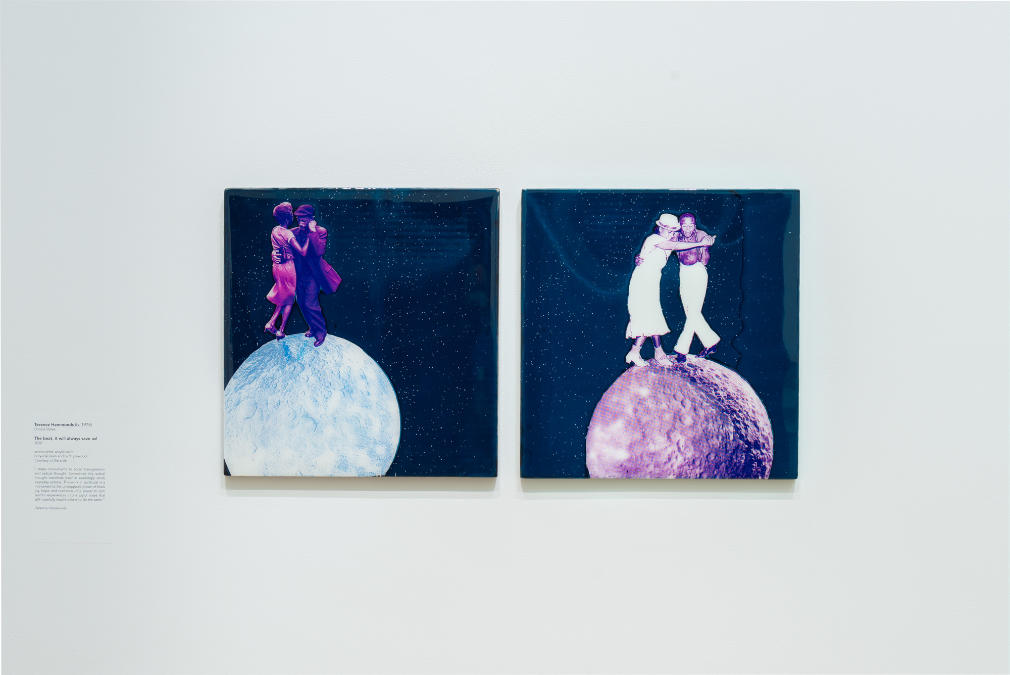 Terence Hammonds'  The beat, it will always save us! Two square screen prints of African American couples dancing on small moons in front of a night sky. The couples are printed in deep purple hues.