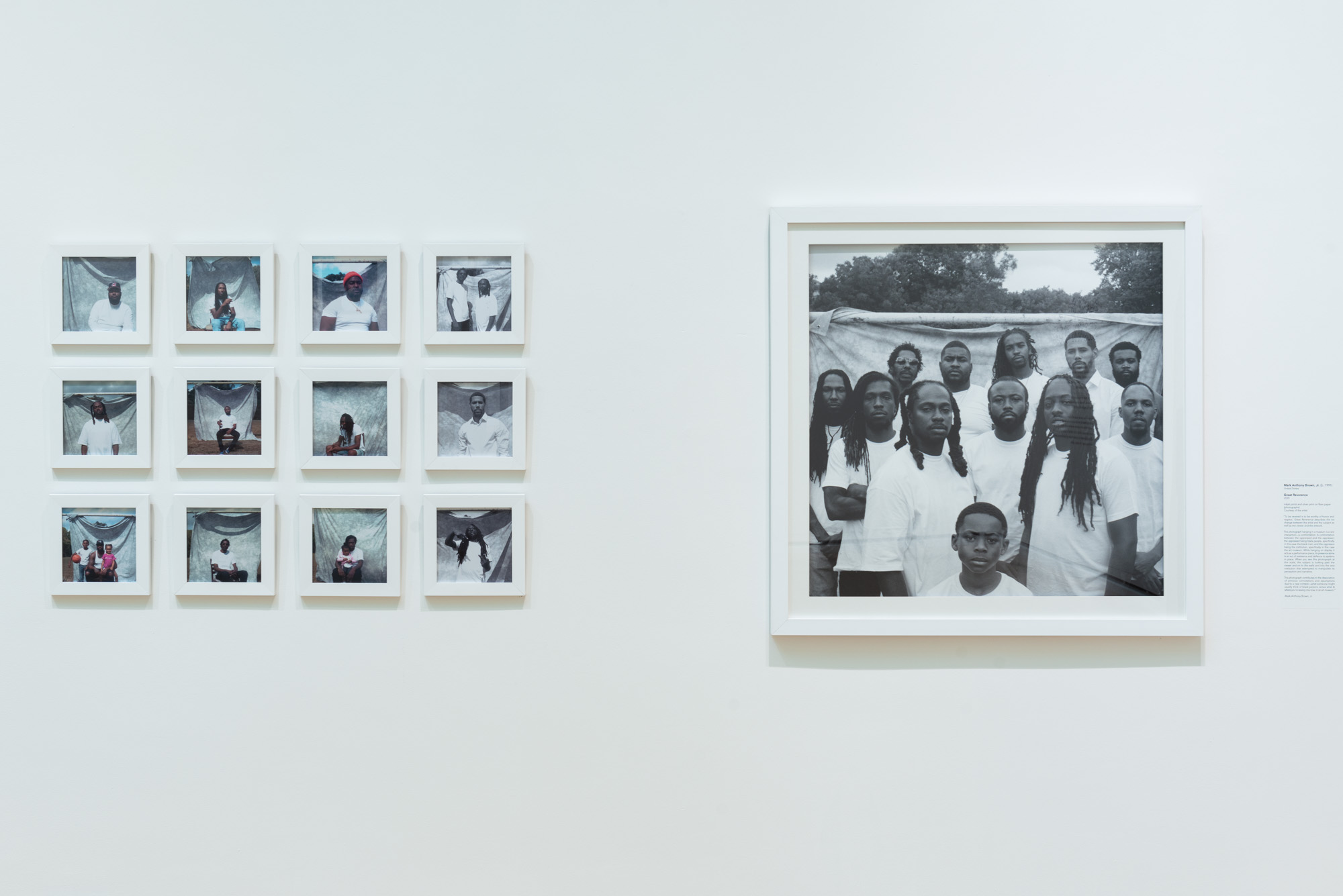 Mark Anthony Brown Jr.'s Great Reverence, a series of small square photographs of African Americans arranged in a four by three grid. The right is a large square photograph of all the subjects grouped together.