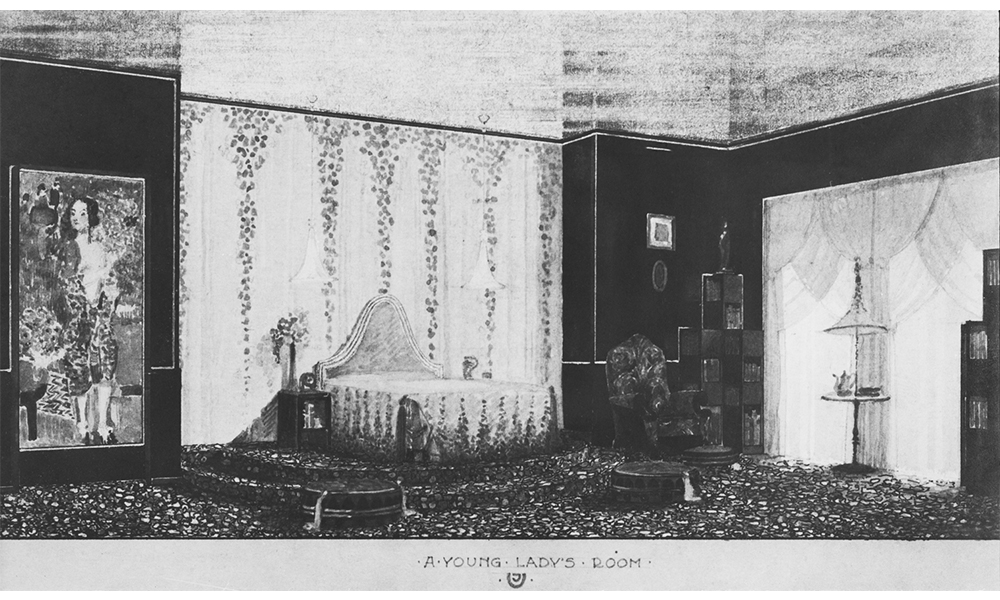 Joseph Urban's A Young Lady's Room, a black and white photograph of a proposal sketch for a bedroom with a large window, portraits, bookshelves, bed, nightstand, and chair