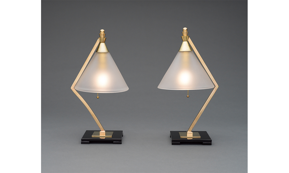 Joseph Urban's Lamps, two thin, angular, brass desk lamps