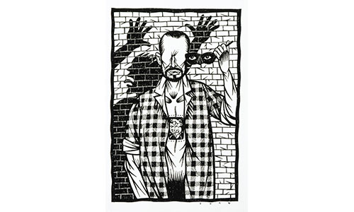a black and white drawing of a man against a brick wall removing a mask to reveal an eyeless face