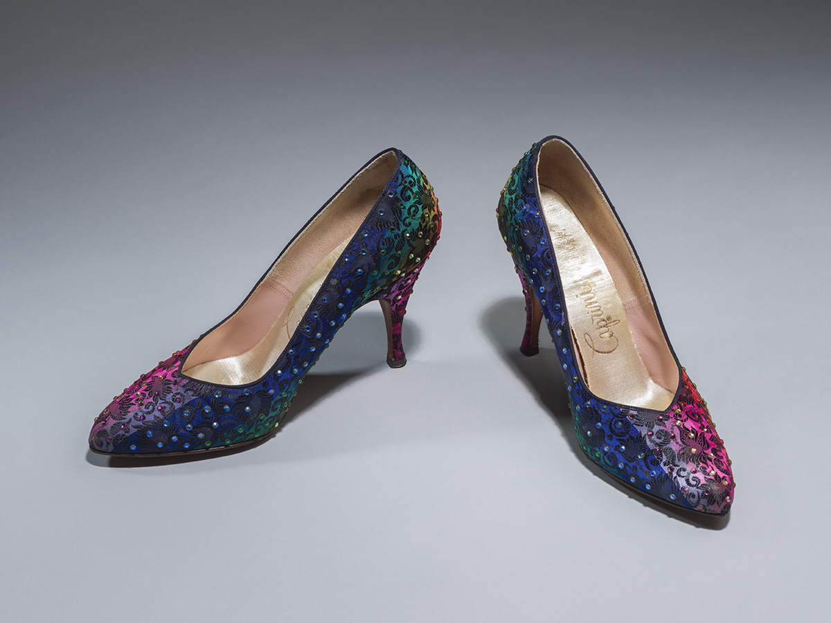 Caprini Pumps, rainbow patterned heels with a black floral pattern studded in small glass jewels